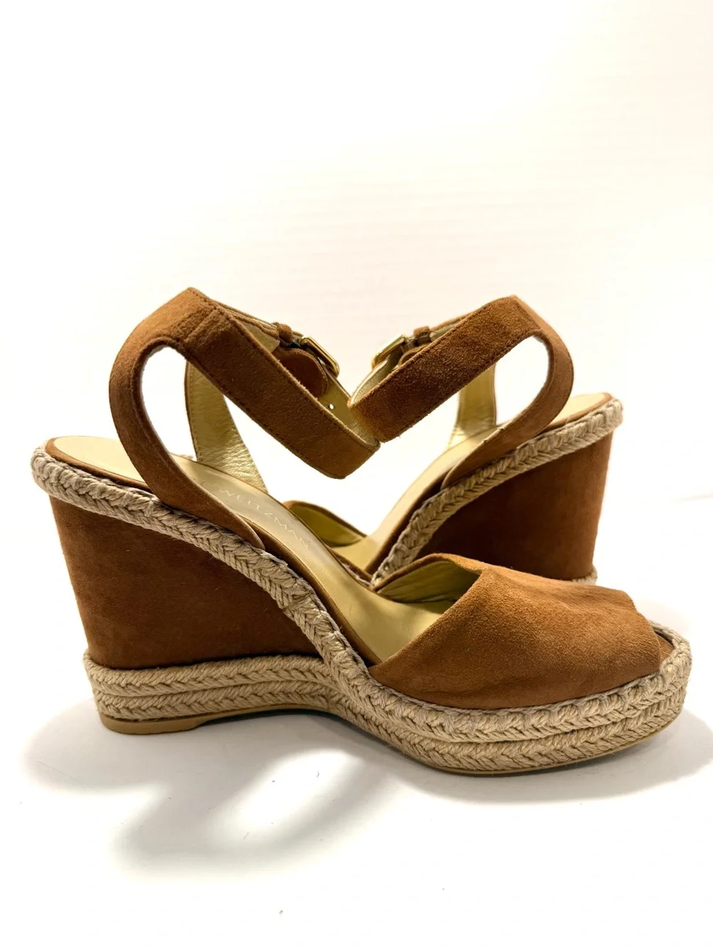 Stuart Weitzman Cognac Suede Espadrille Wedge Sandals Women’s Size 6.5